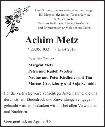 Traueranzeige von Achim Metz von Ostthüringer Zeitung, Thüringische Landeszeitung