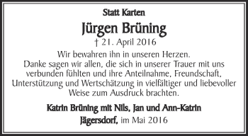Traueranzeige von Jürgen Brüning von Ostthüringer Zeitung, Thüringische Landeszeitung