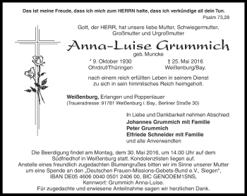 Traueranzeige von Anna-Luise Grummich von Ostthüringer Zeitung