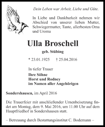 Traueranzeige von Ulla Broschell von Thüringer Allgemeine