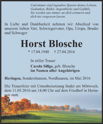 Traueranzeige von Horst Blosche von Thüringer Allgemeine