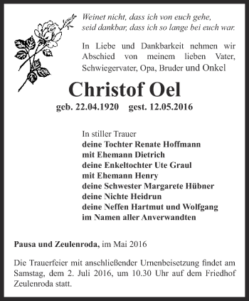 Traueranzeige von Christof Oel von Ostthüringer Zeitung