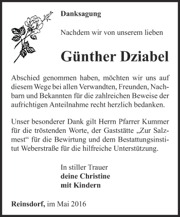 Traueranzeige von Günther Dziabel von Ostthüringer Zeitung