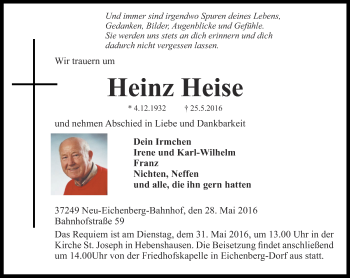 Traueranzeige von Heinz Heise von Thüringer Allgemeine