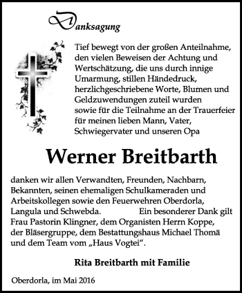 Traueranzeige von Werner Breitbarth von Thüringer Allgemeine, Thüringische Landeszeitung