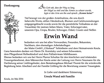 Traueranzeige von Erwin Wand von Thüringer Allgemeine, Thüringische Landeszeitung