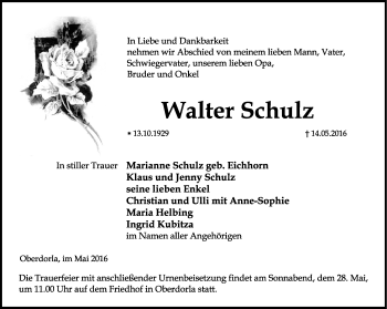 Traueranzeige von Walter Schulz von Thüringer Allgemeine, Thüringische Landeszeitung