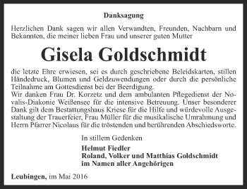 Traueranzeige von Gisela Goldschmidt von Thüringer Allgemeine