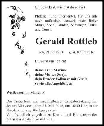 Traueranzeige von Gerald Rottleb von Thüringer Allgemeine