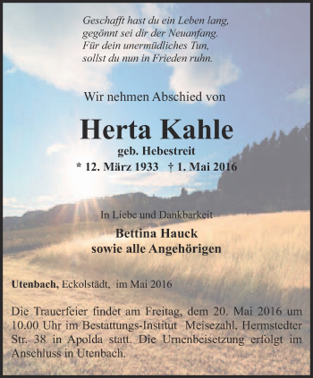 Traueranzeige von Herta Kahle von Thüringer Allgemeine, Thüringische Landeszeitung