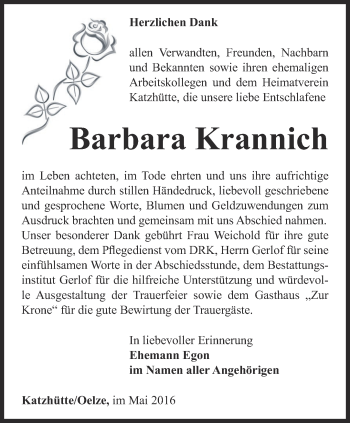 Traueranzeige von Barbara Krannich von Ostthüringer Zeitung