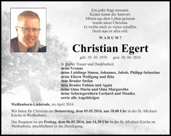 Traueranzeige von Christian Egert von Thüringer Allgemeine