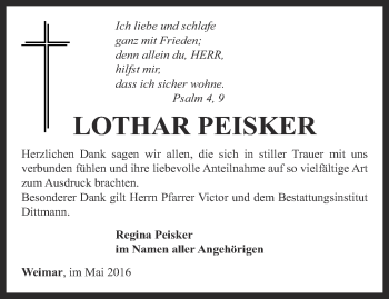 Traueranzeige von Lothar Peisker von Thüringer Allgemeine, Thüringische Landeszeitung