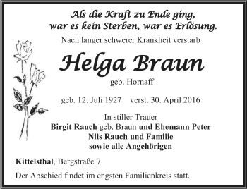 Traueranzeige von Helga Braun von Thüringer Allgemeine, Thüringische Landeszeitung