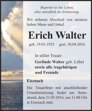 Traueranzeige von Erich Walter von Thüringer Allgemeine, Thüringische Landeszeitung