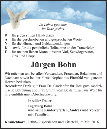 Traueranzeige von Jürgen Bohn von Thüringer Allgemeine, Thüringische Landeszeitung