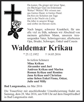 Traueranzeige von Waldemar Krikau von Thüringer Allgemeine, Thüringische Landeszeitung