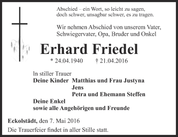 Traueranzeige von Erhard Friedel von Thüringer Allgemeine, Thüringische Landeszeitung