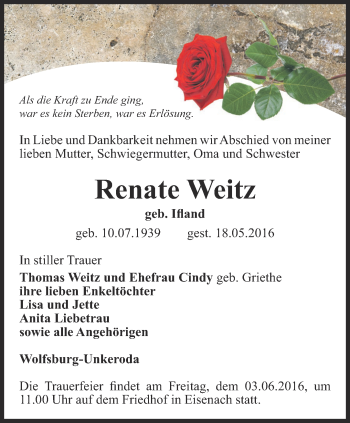 Traueranzeige von Renate Weitz von Thüringer Allgemeine, Thüringische Landeszeitung