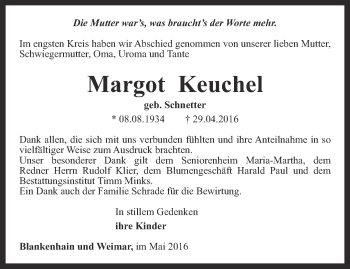 Traueranzeige von Margot Keuchel von Thüringer Allgemeine, Thüringische Landeszeitung