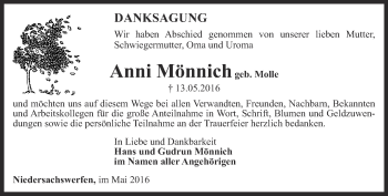 Traueranzeige von Anni Mönnich von Thüringer Allgemeine