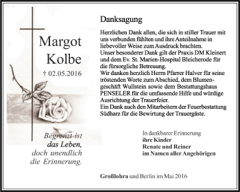 Traueranzeige von Margot Kolbe von Thüringer Allgemeine