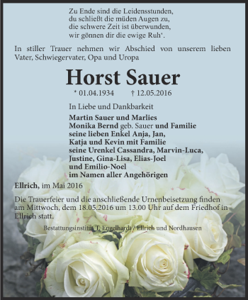 Traueranzeige von Horst Sauer von Thüringer Allgemeine