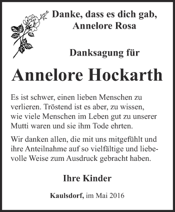 Traueranzeige von Annelore Hockarth von Ostthüringer Zeitung