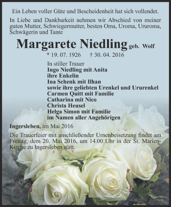 Traueranzeige von Margarete Niedling von Thüringer Allgemeine, Thüringische Landeszeitung