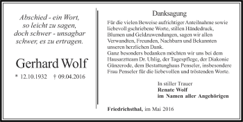 Traueranzeige von Gerhard Wolf von Thüringer Allgemeine