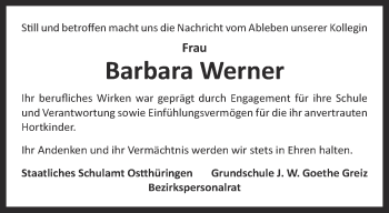 Traueranzeige von Barbara Werner von Ostthüringer Zeitung