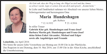 Traueranzeige von Maria Hundeshagen von Thüringer Allgemeine