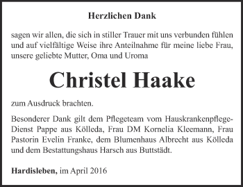 Traueranzeige von Christel Haake von Thüringer Allgemeine