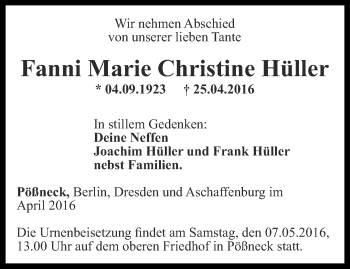 Traueranzeige von Fanni Marie Christine Hüller von Ostthüringer Zeitung