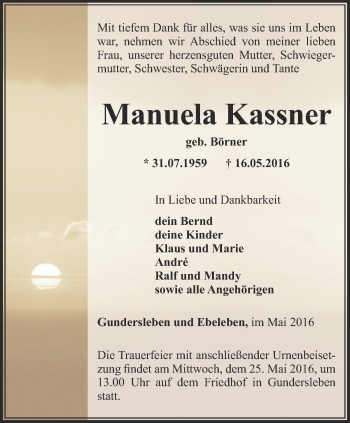Traueranzeige von Manuela Kassner von Thüringer Allgemeine