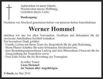 Traueranzeige von Werner Hommel von Thüringer Allgemeine, Thüringische Landeszeitung