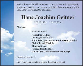 Traueranzeige von Hans-Joachim Geitner von Ostthüringer Zeitung