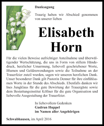 Traueranzeige von Elisabeth Horn von Ostthüringer Zeitung, Thüringische Landeszeitung