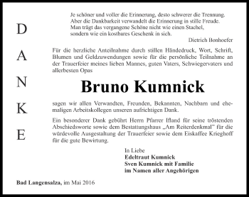 Traueranzeige von Bruno Kumnick von Thüringer Allgemeine, Thüringische Landeszeitung