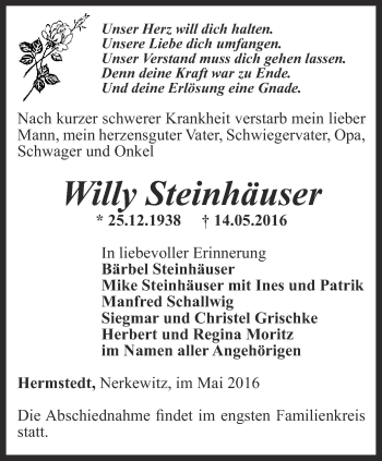 Traueranzeige von Willy Steinhäuser von Thüringer Allgemeine, Thüringische Landeszeitung