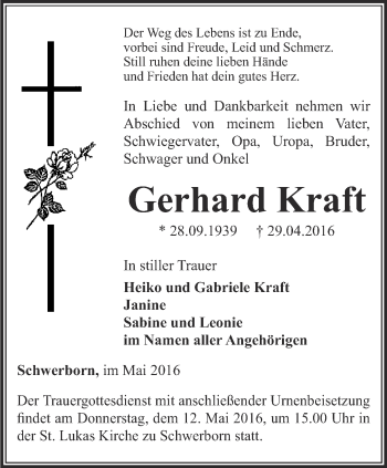 Traueranzeige von Gerhard Kraft von Thüringer Allgemeine, Thüringische Landeszeitung