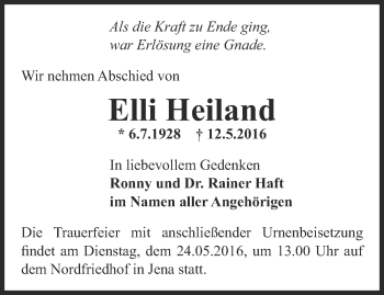 Traueranzeige von Elli Heiland von Ostthüringer Zeitung, Thüringische Landeszeitung