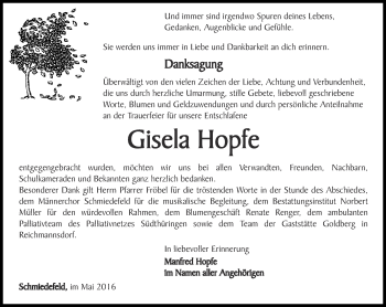 Traueranzeige von Gisela Hopfe von Ostthüringer Zeitung