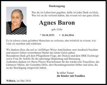 Traueranzeige von Agnes Baron von Thüringer Allgemeine