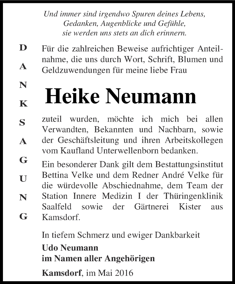  Traueranzeige für Heike Neumann vom 14.05.2016 aus Ostthüringer Zeitung