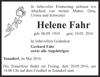 Traueranzeige von Helene Fahr von Thüringer Allgemeine, Thüringische Landeszeitung