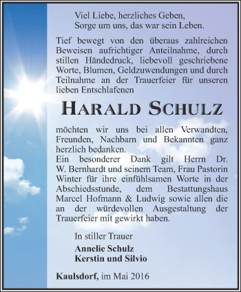Traueranzeige von Harald Schulz von Ostthüringer Zeitung