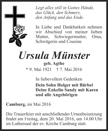 Traueranzeige von Ursula Münster von Ostthüringer Zeitung, Thüringische Landeszeitung