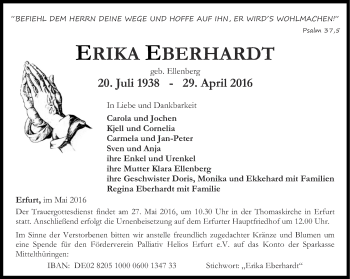 Traueranzeige von Erika Eberhardt von Ostthüringer Zeitung, Thüringische Landeszeitung