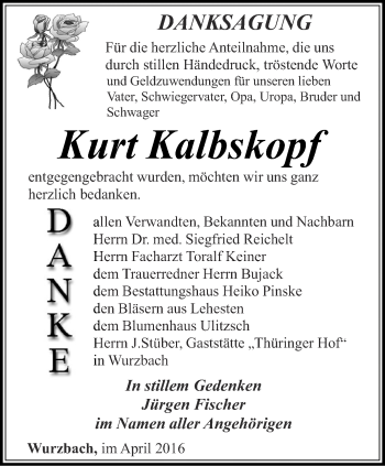 Traueranzeige von Kurt Kalbskopf von Ostthüringer Zeitung